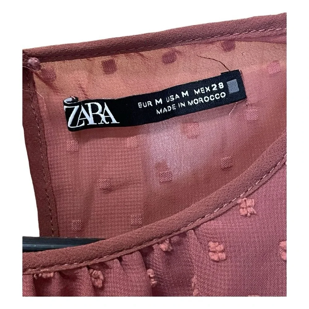 Zara Women's Dotted Puff Long Sleeve‎ Top Sheer Size Medium Mauve - Picture 3 of 6